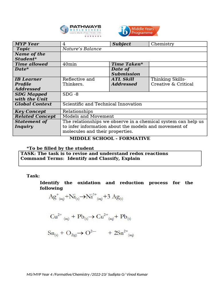 PWSUNP210320230317102245935TASK Sheet - Redox Reaction | PDF