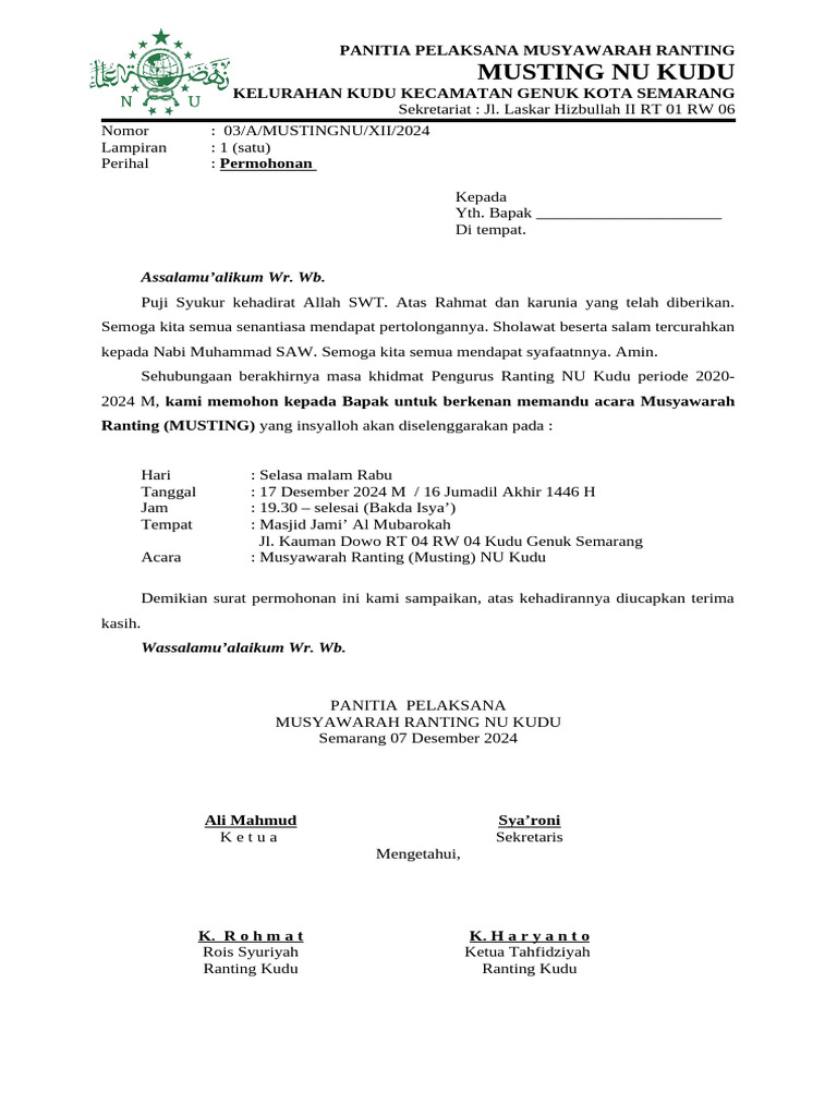 Undangan Musyawarah Ranting NU Kudu | PDF