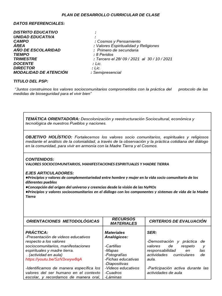 Plan Curricular: Valores y Espiritualidad | PDF | Plan de estudios ...