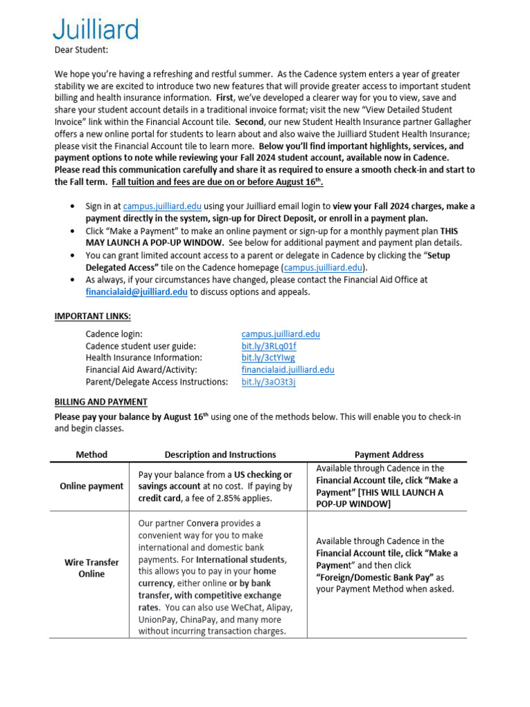 Juilliard Fall 2024 Billing Guide | PDF | Credit Card | Banks
