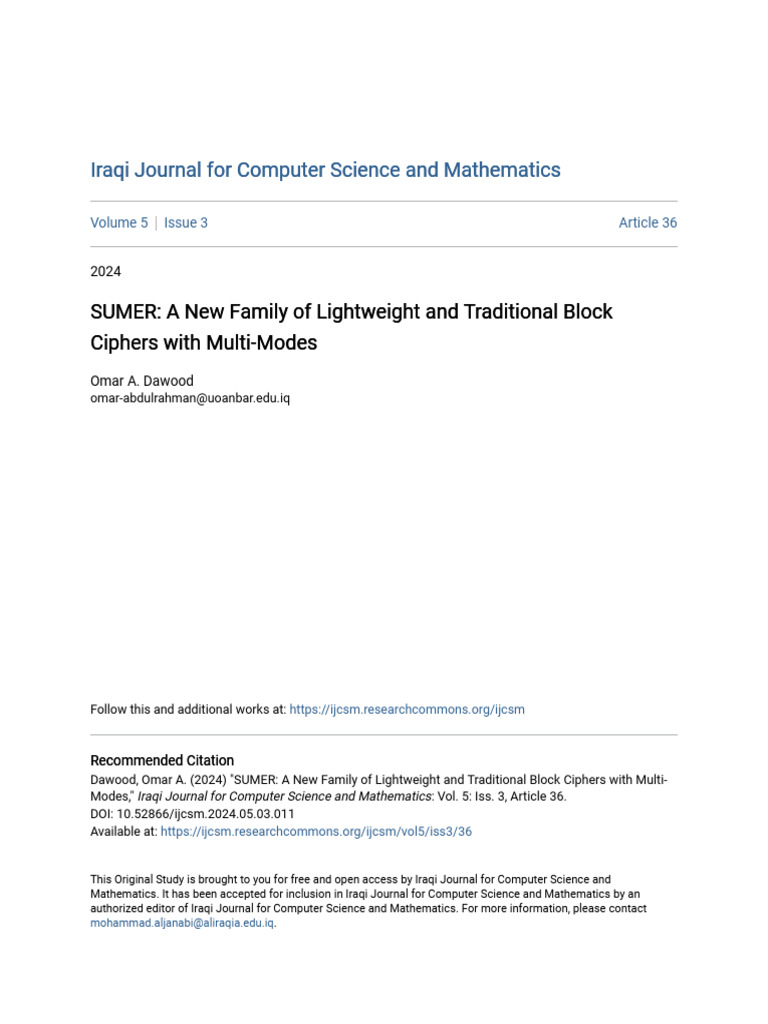 SUMER - A New Family of Lightweight and Traditional Block Ciphers | PDF ...