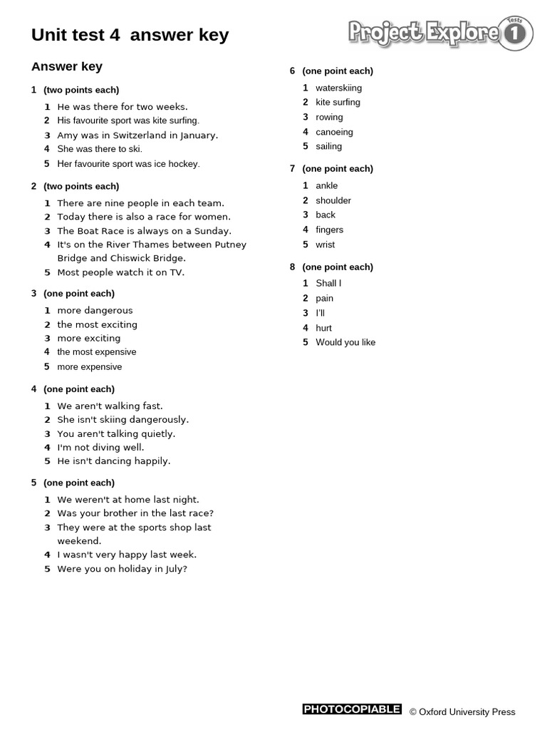 Unit Test 4 Answer Key | PDF | Water Sports | Outdoor Recreation