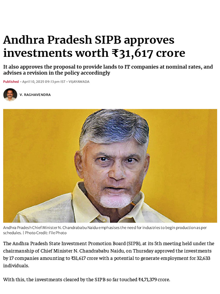 Andhra Pradesh SIPB approves investments worth ₹31,617 crore - The ...