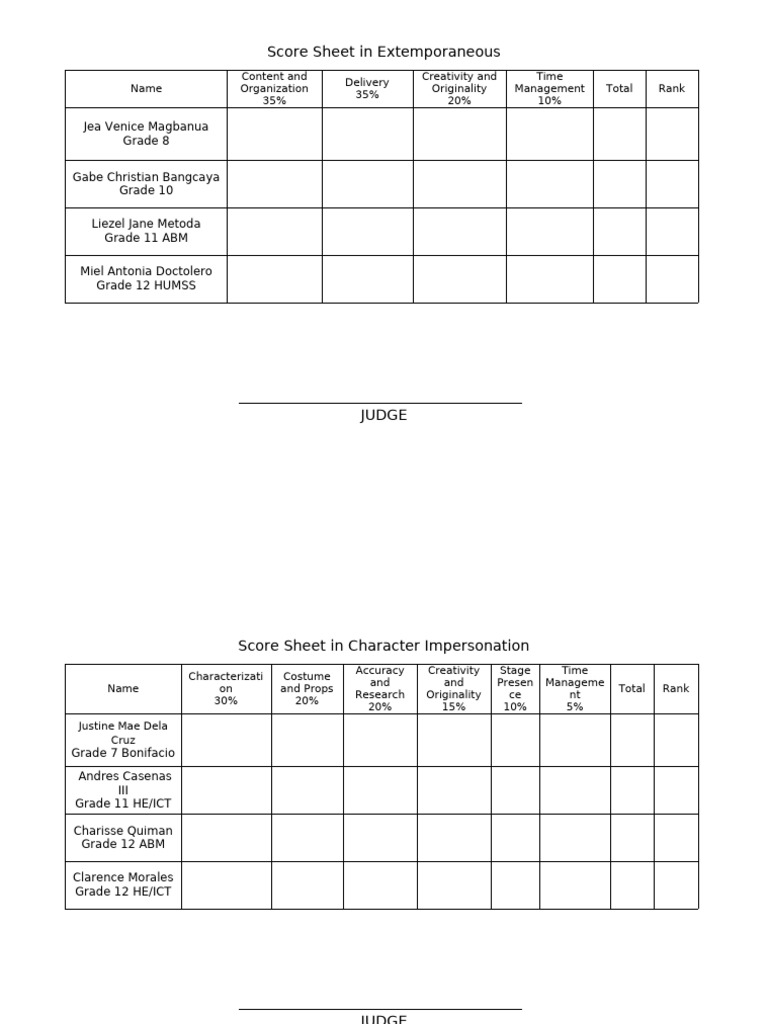 Score Sheet in Extemporaneous | PDF