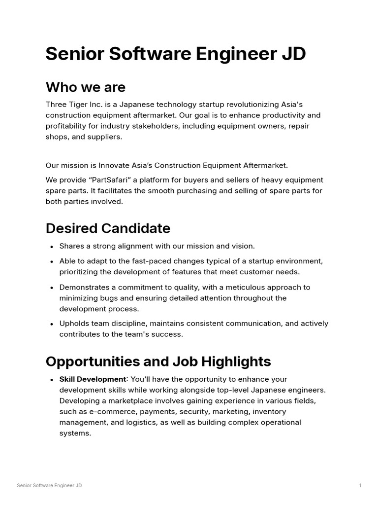Three-Tiger Senior Software Engineer JD | PDF | Startup Company | Small ...