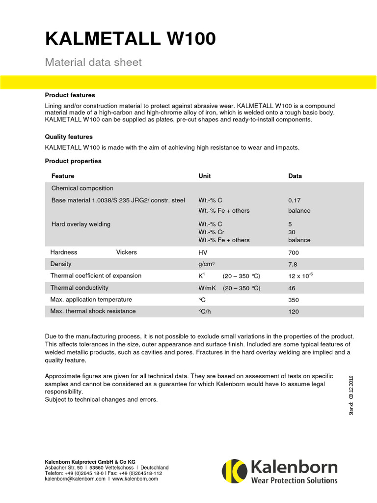 KALMETALL W100 Material Data Sheet | PDF | Welding | Construction