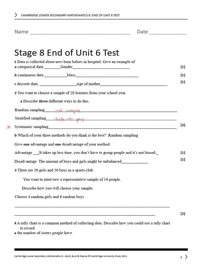 Stage 8 End of Unit 6 Test | PDF | Sampling (Statistics) | Statistics