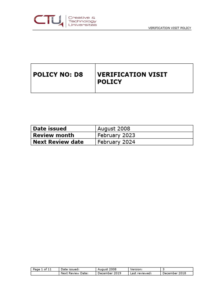 Verification Visit Policy Overview | PDF | Verification And Validation ...