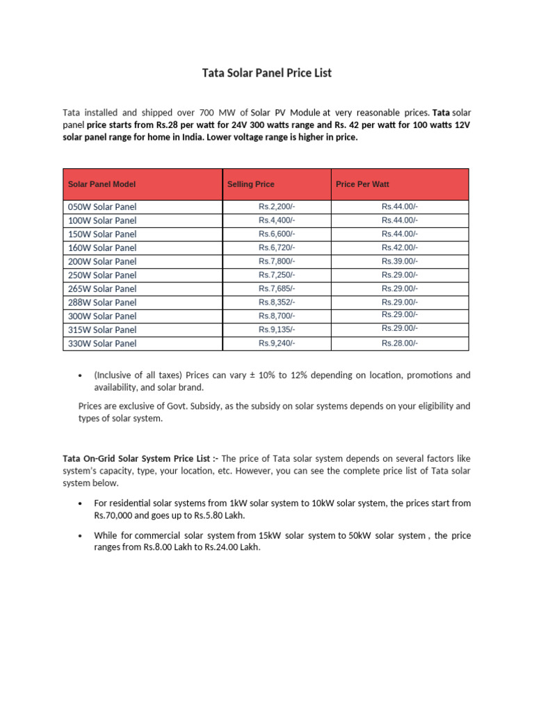 Tata Solar Panel Price List Overview | PDF | Solar Power | Photovoltaics