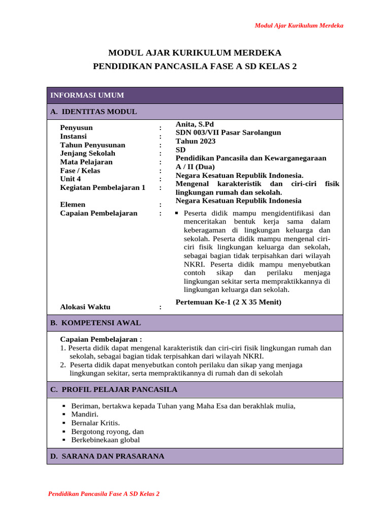 Modul Ajar Pancasila Kelas 2 Semester 1 | PDF