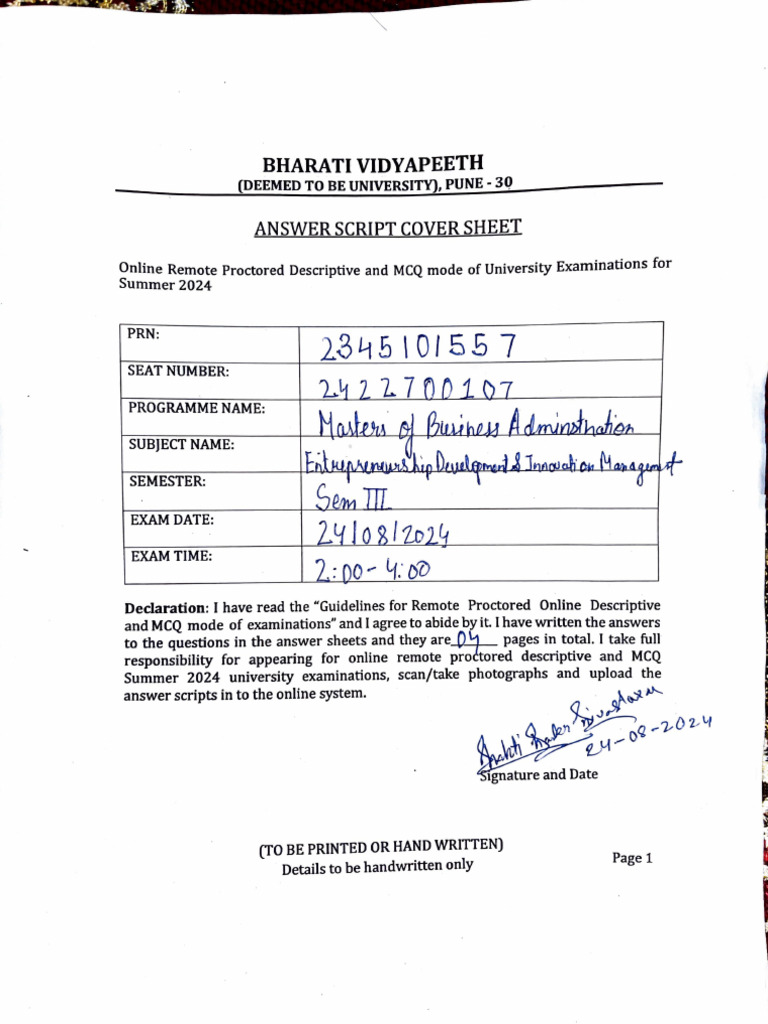 Bharati Vidyapeeth Exam Cover Sheet 2024 | PDF | Student Assessment And ...