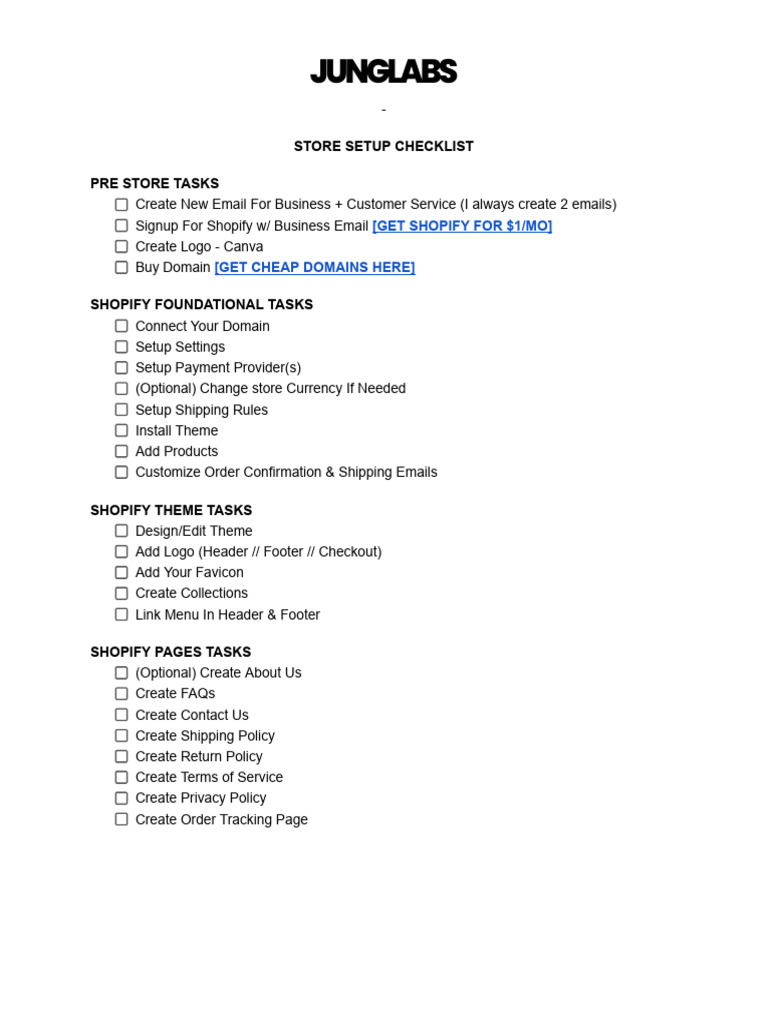 Shopify Store Setup Checklist | PDF