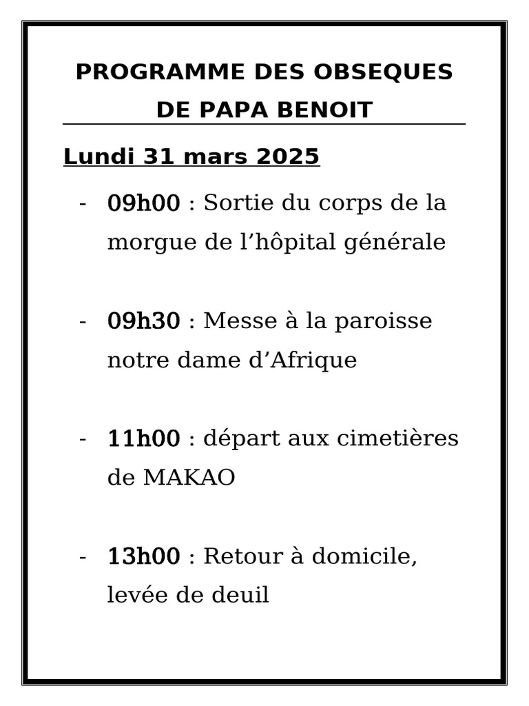 Programme des obsèques de Papa Benoit | PDF