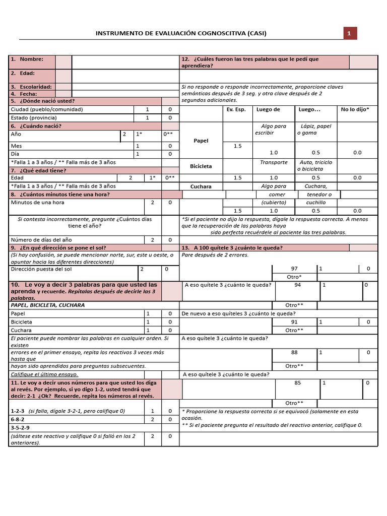 Evaluación Cognitiva: Instrumento CASI | PDF