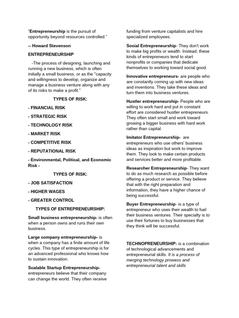 Understanding Entrepreneurship and Risks | PDF | Entrepreneurship ...