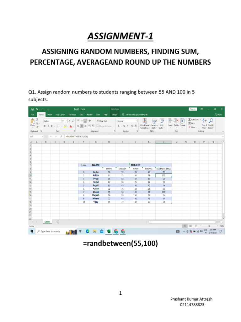 Assignment-1: Assigning Random Numbers, Finding Sum, Percentage ...