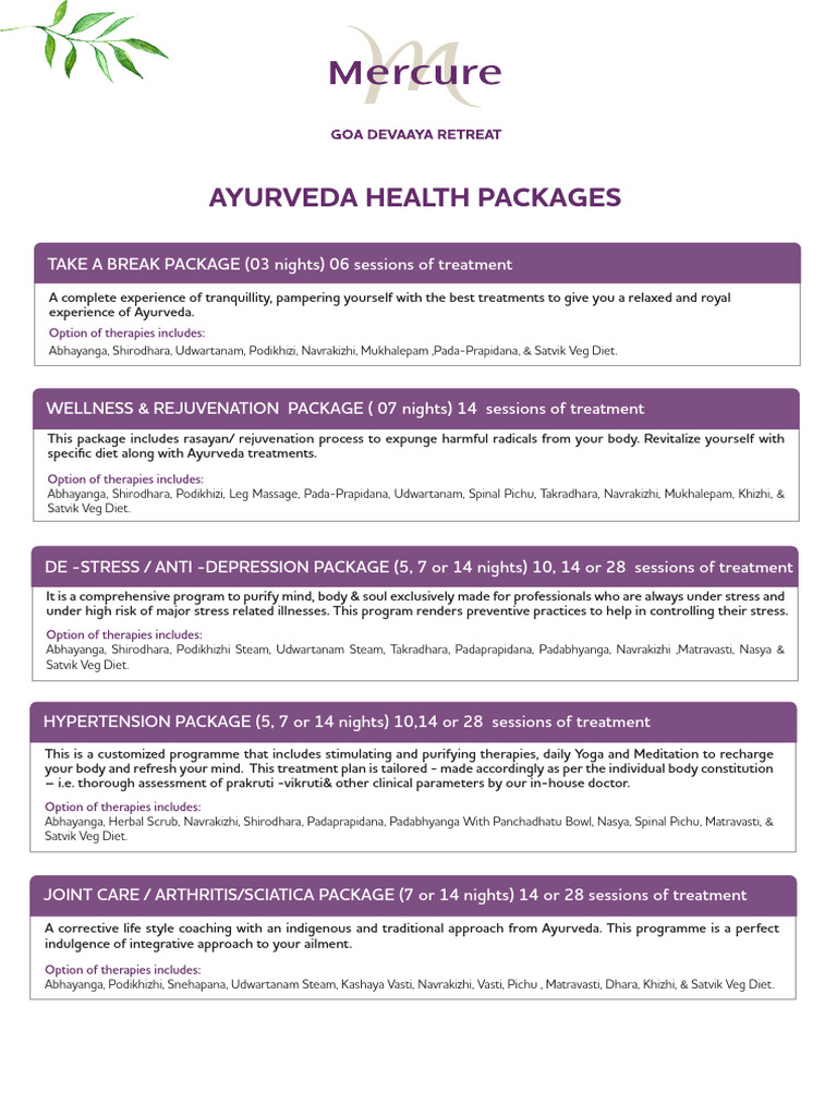 Ayurveda Health Packages | PDF | Ayurveda | Clinical Medicine