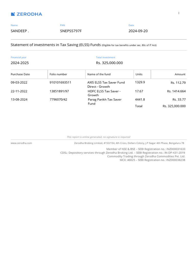 Zerodha ELSS Investment Statement 2024 | PDF
