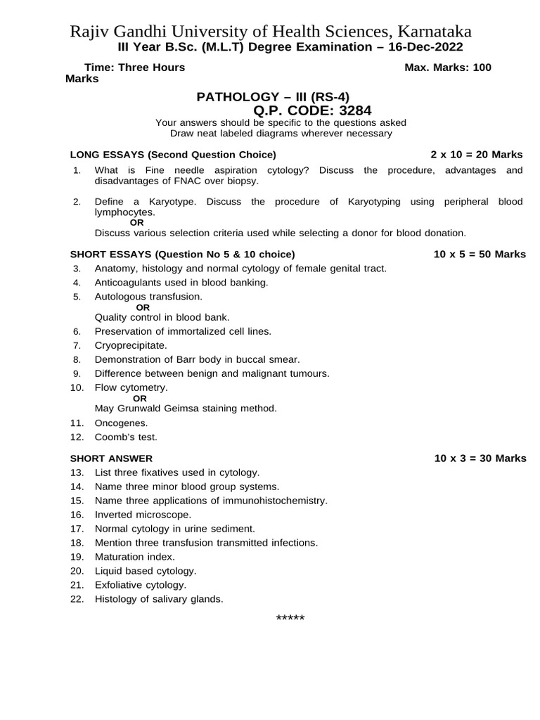 Pathology III Exam Questions for B.Sc. MLT | PDF | Cytopathology ...