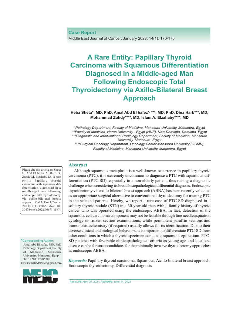 Papillary Thyroid Carcinoma with Squamous Differentiation Case Report ...