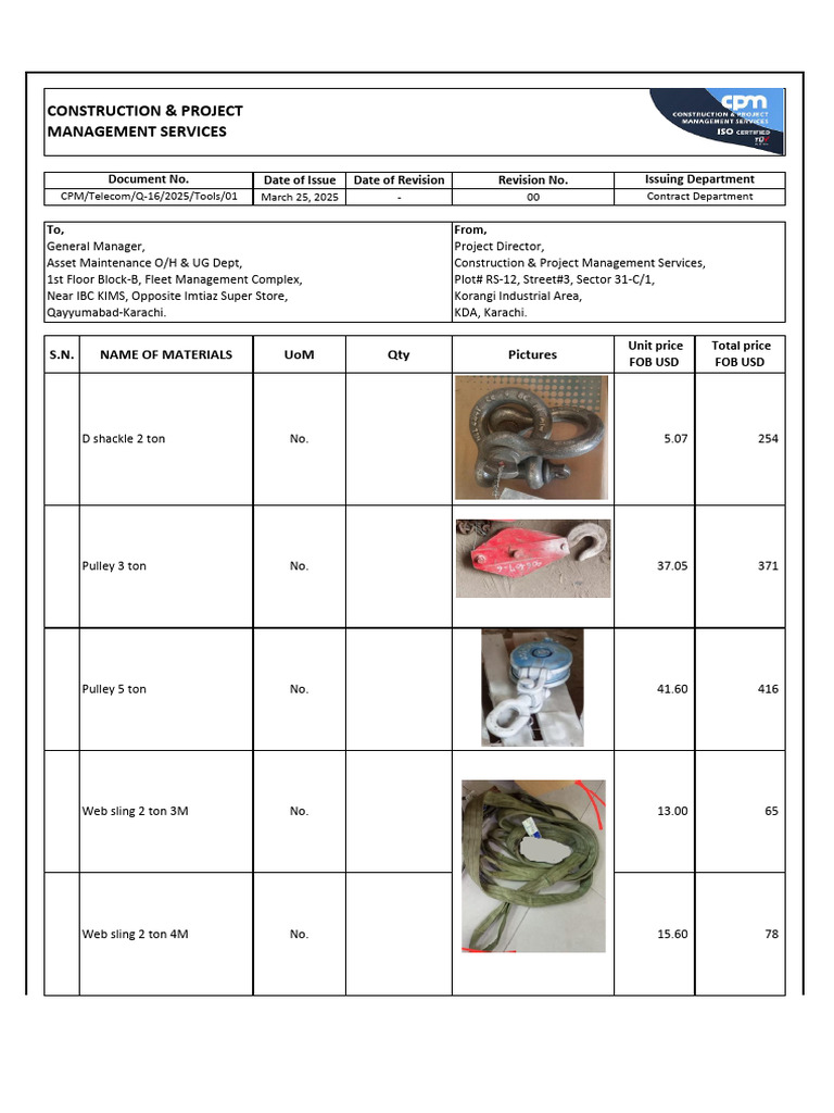 Material Quotation for Construction Tools | PDF | Prices | Business