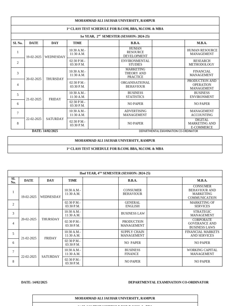 B.Com BBA M.Com MBA Test Schedule 2025 | PDF | Master Of Business ...