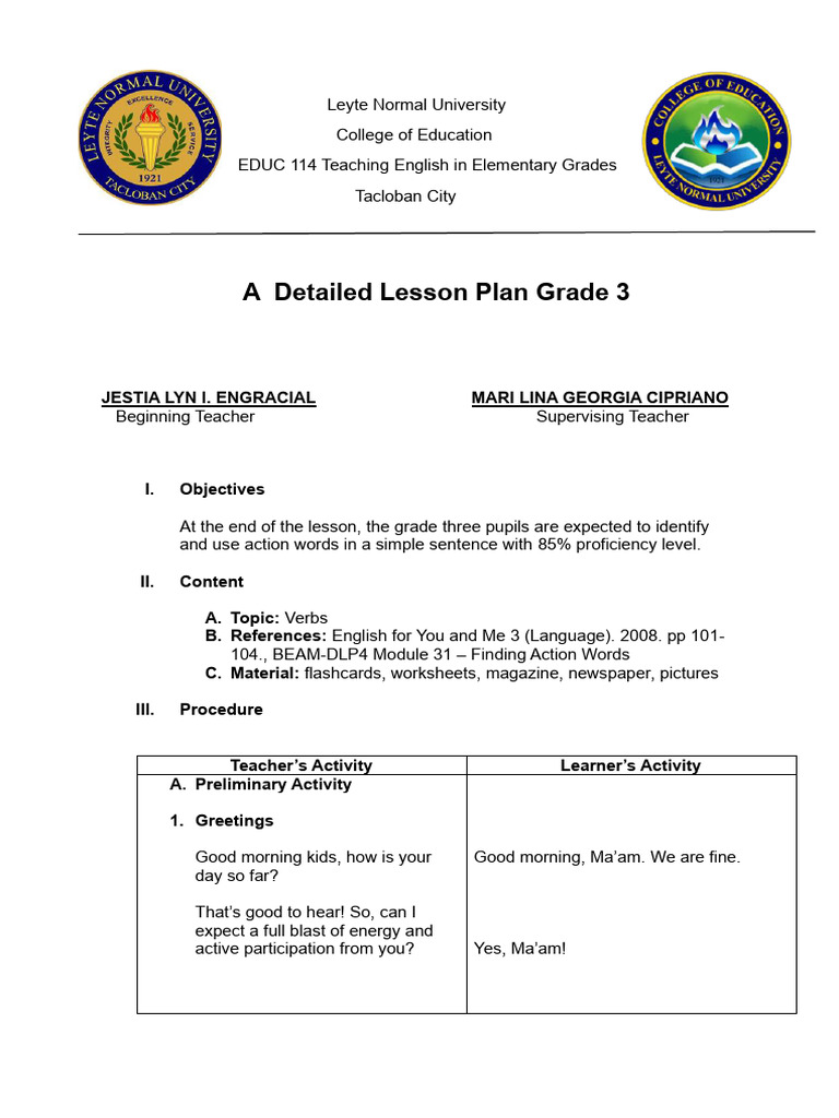 Grade 3 Lesson Plan: Action Words | PDF | Teachers | Learning