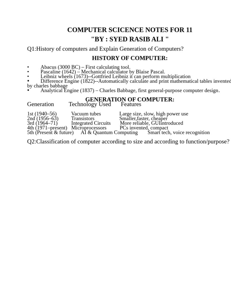 Computer Scicence Notes For 11 