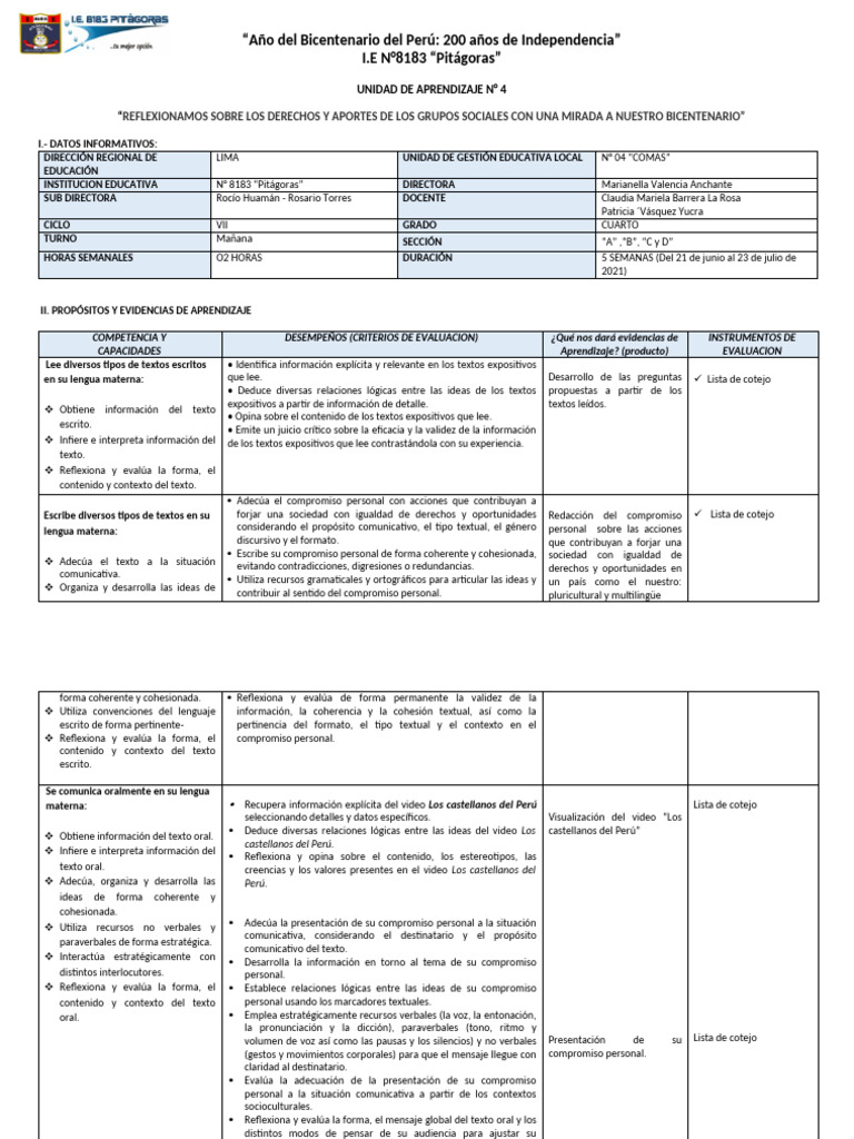 4 Unidad Cuarto Grado Comunicacion | PDF | Aprendizaje | Evaluación