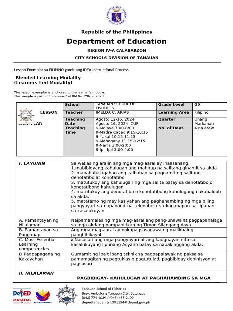 WEEK 2 Lesson Plan Aug. 12-16, 2024 | PDF