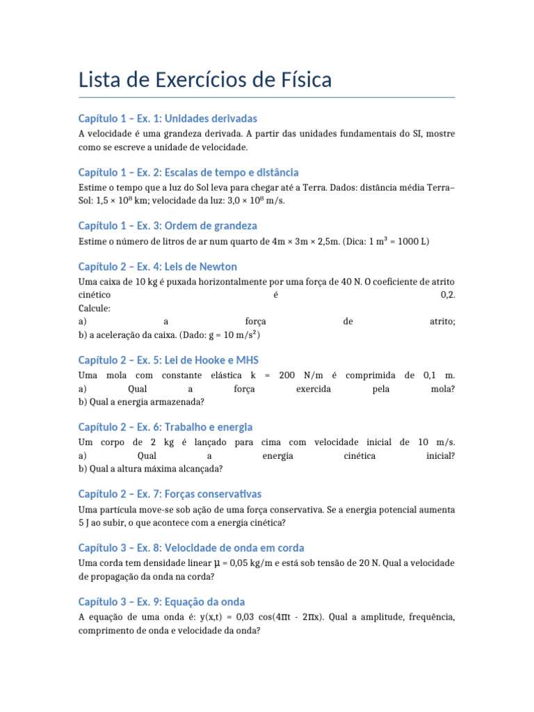 Lista Exercicios Fisica Cap1 A Cap4 | PDF | Força | Ondas