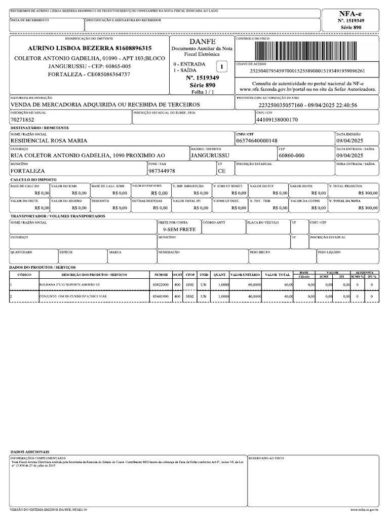 NFAe 1519349 ROSA MARIA 09 04 | PDF