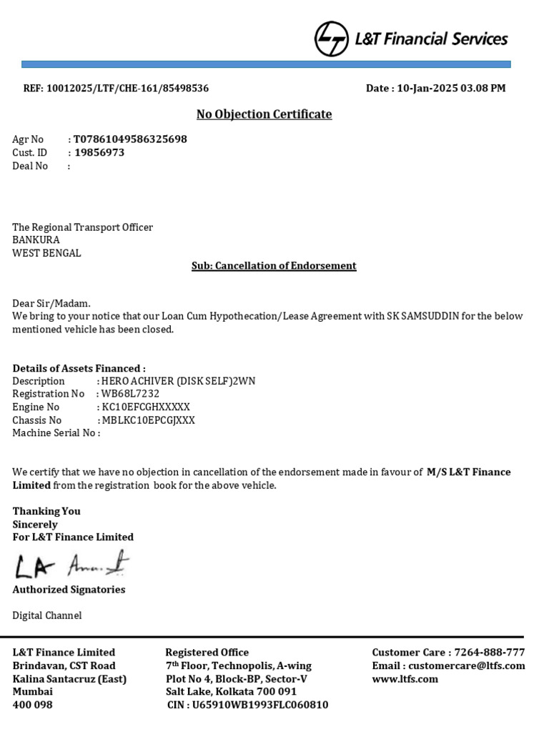 L&T Finance No Objection Certificate | PDF