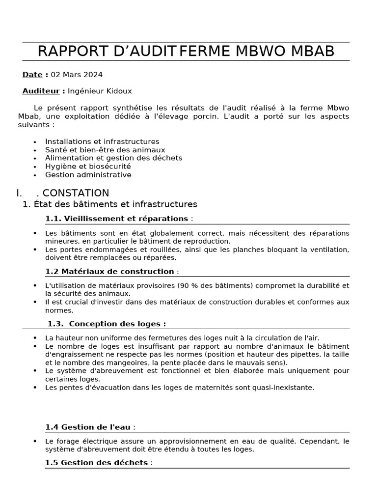 Audit de la Ferme Mbwo Mbab : Résultats et Recommandations | PDF ...