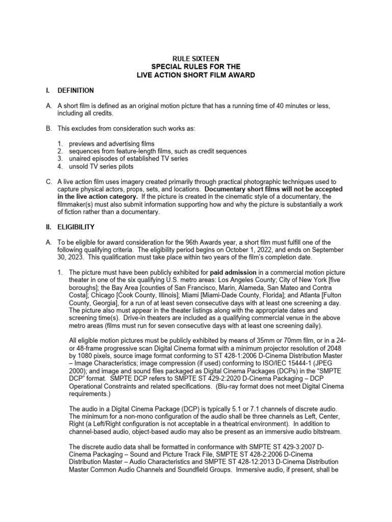Live Action Short Film Award Rules | PDF | Video | Film And Video ...