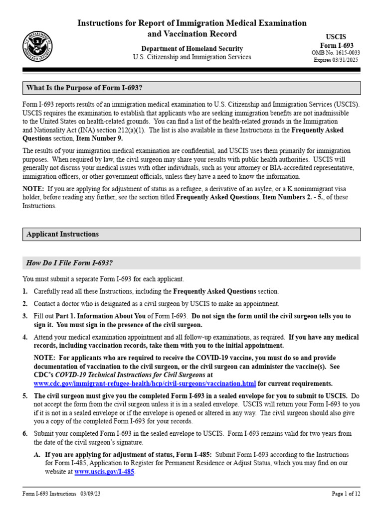 Form I-693 Medical Exam Instructions | PDF | United States Citizenship ...