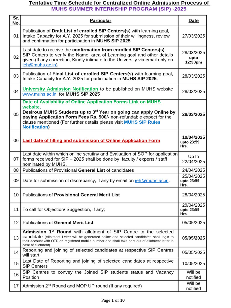 MUHS Summer Internship Program 2025 Schedule | PDF | Internship | Job ...