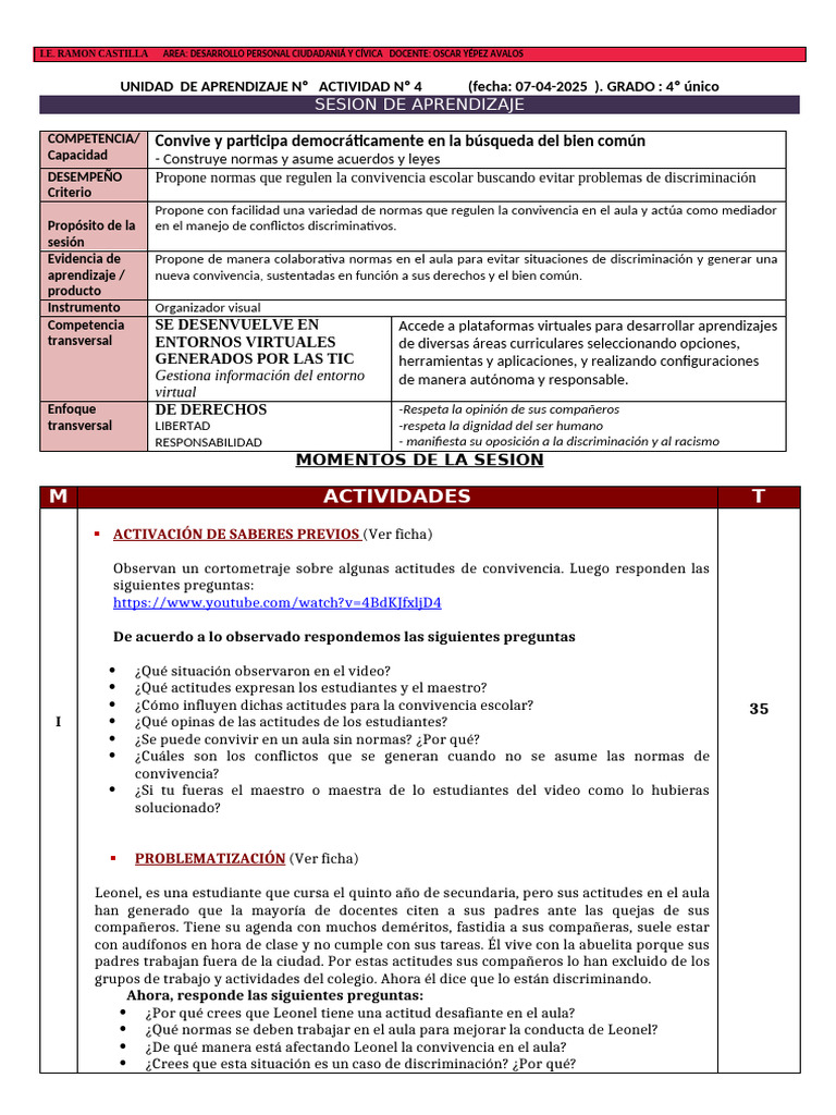 Modelo de Sesion de Aprendizaje | PDF | Salón de clases | Aprendizaje