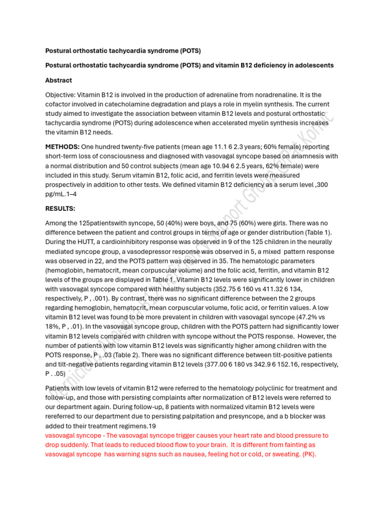 Postural Orthostatic Tachycardia Syndrome (POTS) | PDF | Vitamin B12 ...