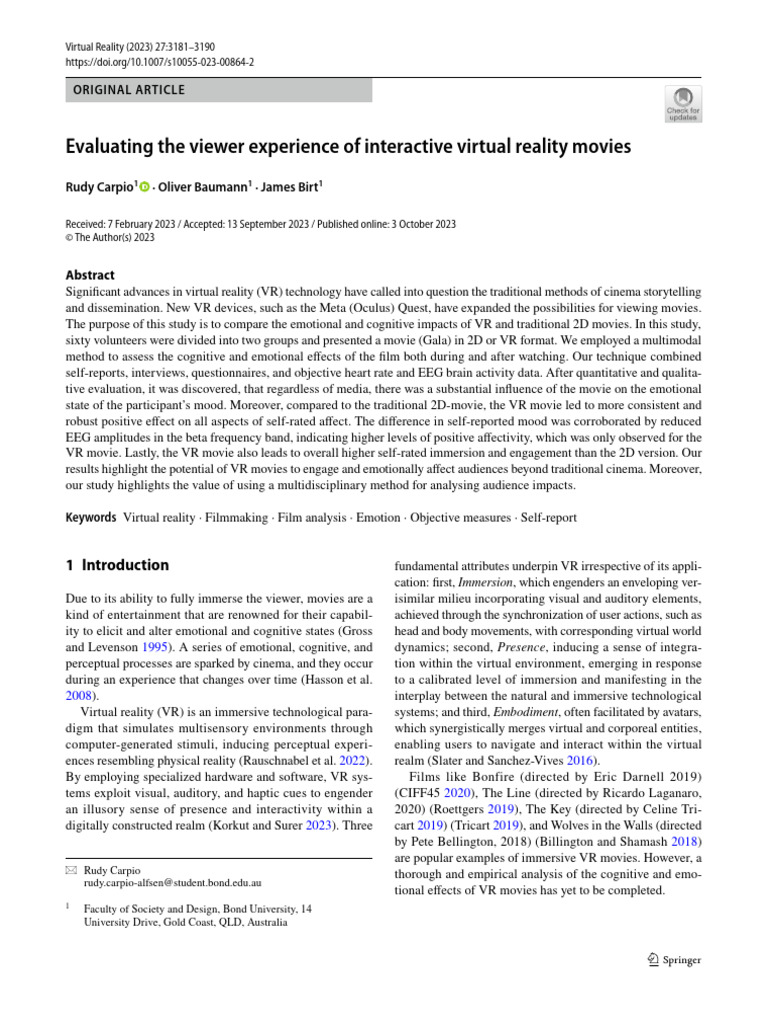 VR vs 2D Movies: Viewer Experience Study | PDF | Virtual Reality ...