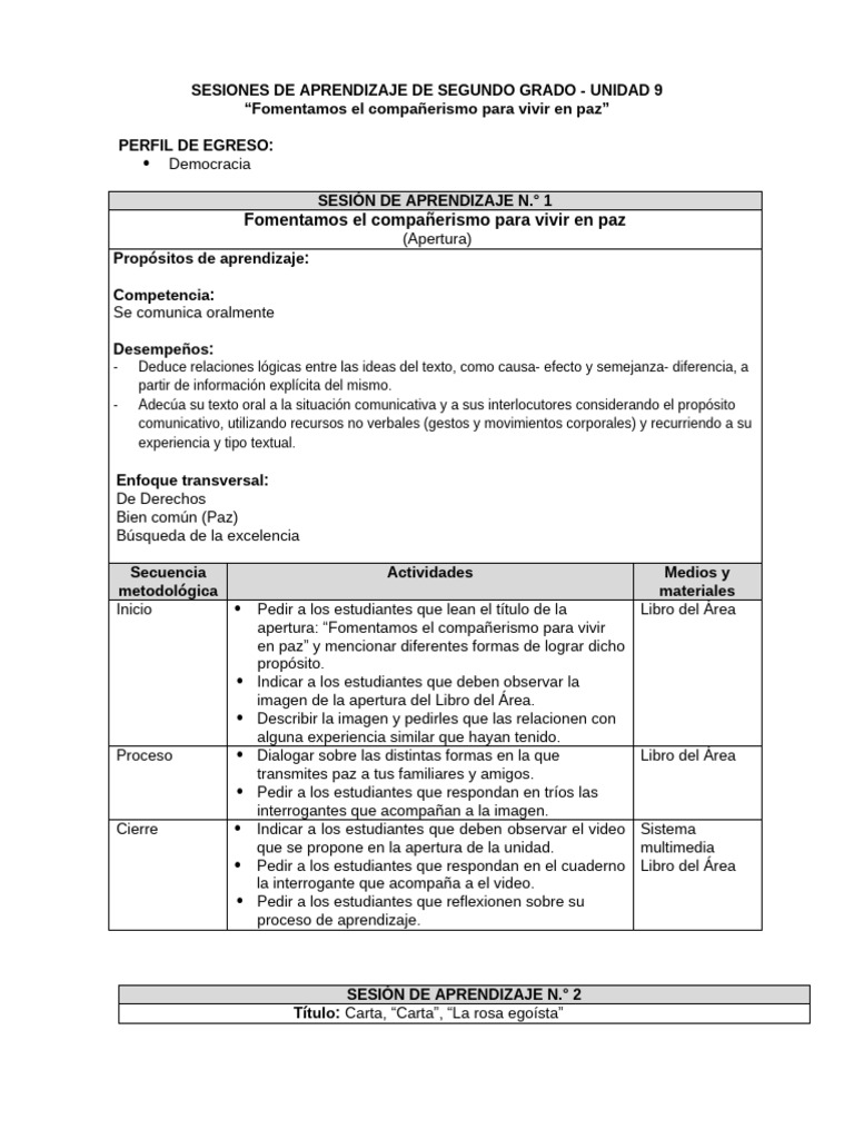 Sesiones de Aprendizaje para Segundo Grado | PDF | Aprendizaje ...