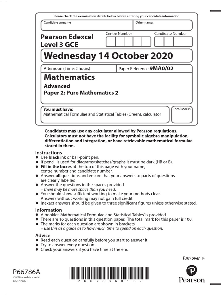 Edexcel Level 3 GCE Mathematics Paper 2 | PDF | Mathematics | Equations