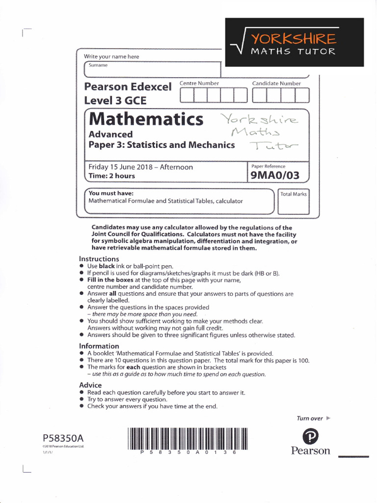 Edexcel A Level Maths Paper 3 2018 | PDF | Mathematics | Applied ...