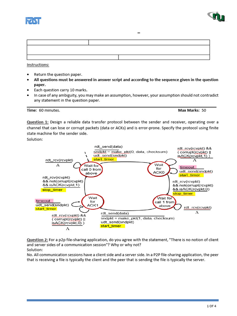 CS-307 Computer Networks Midterm Solutions | PDF | Transmission Control ...