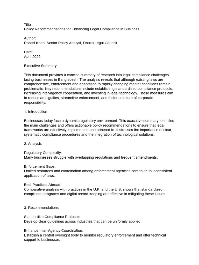 Legal Compliance Policy Recommendations | PDF | Regulatory Compliance ...