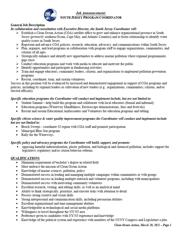 South Jersey Program Coordinator | PDF | Skill | Policy