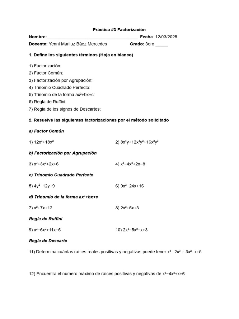 Ejercicios de Factorización para 3er Grado | PDF
