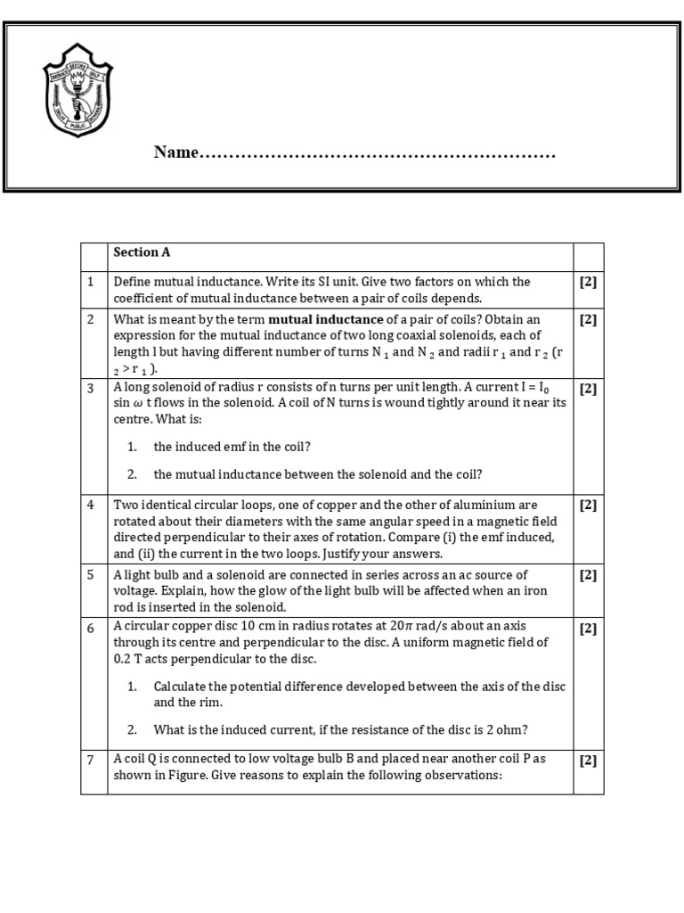 Worksheet 1 Emi Chapter 6 Session 2024-25 | PDF | Inductance | Inductor