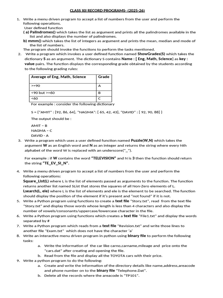 Python Programming Tasks for Class XII | PDF | Databases | Computing