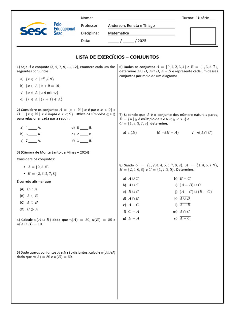 Lista de Exercícios de Conjuntos para 1ª Série | PDF | Matemática
